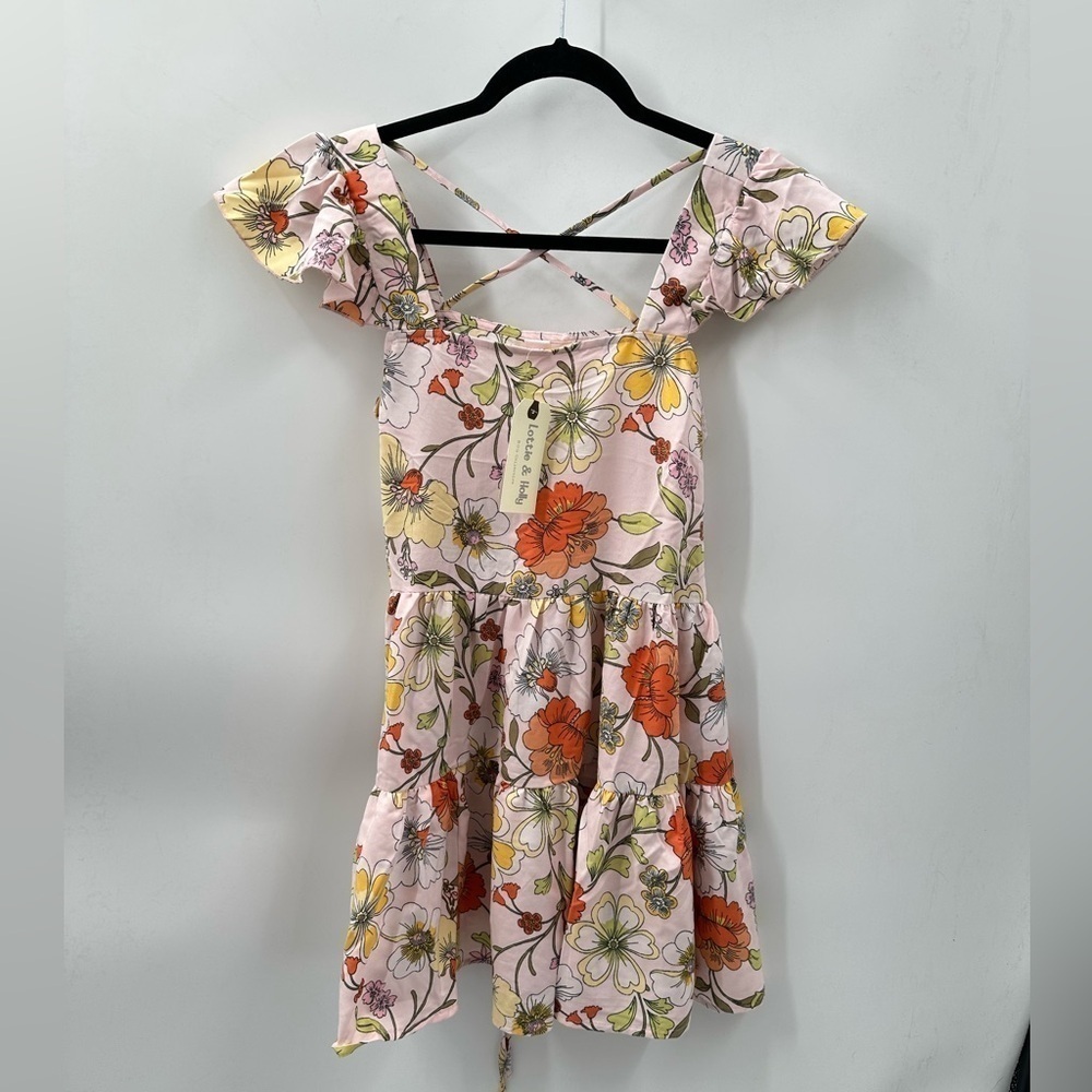 LOTTIE & HOLLIE pink floral mini tiered ruffle sleeve woman boho dress NWT XS,S